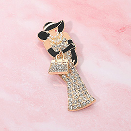 Rhinestone Paved Elegant Lady with Handbag and Pearls Pin Brooch