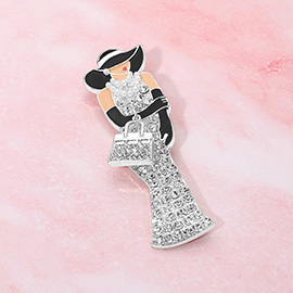Rhinestone Paved Elegant Lady with Handbag and Pearls Pin Brooch