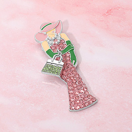 Rhinestone Paved Elegant Lady with Handbag and Pearls Pin Brooch
