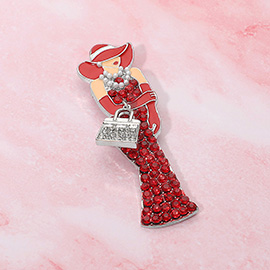 Rhinestone Paved Elegant Lady with Handbag and Pearls Pin Brooch