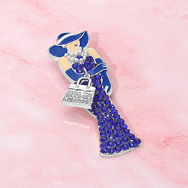Rhinestone Paved Elegant Lady with Handbag and Pearls Pin Brooch