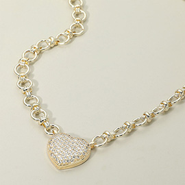 14K Gold Plated CZ Stone Paved Heart Pendant Accent Chunky Chain Link Necklace