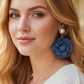 Pearl Accent Denim Fabric Flower Dangle Earrings