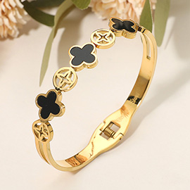 Stainless Steel Quatrefoil Link Hinged Bangle Bracelet