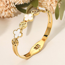Stainless Steel Quatrefoil Link Hinged Bangle Bracelet