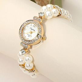 SECRET BOX_Stainless Steel Stretchable Pearl Strap Rhinestone Paved Rim Quartz Watch