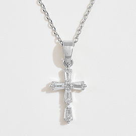 White Gold Dipped Baguette Cut CZ Stone Cross Pendant Necklace