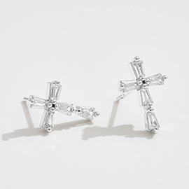 White Gold Dipped CZ Stone Cross Stud Earrings