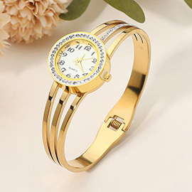 SECRET BOX_Stainless Steel Rhinestone Paved Rim Split Hinged Quartz Watch