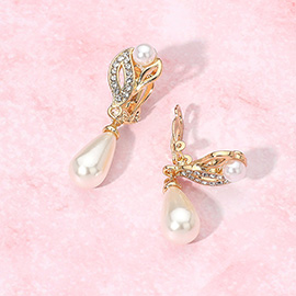 Rhinestone Paved Teardrop Pearl Dangle Clip On Earrings