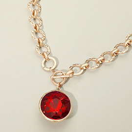 Bold Oval Gemstone Pendant Brushed Metal Chunky Chain Toggle Necklace