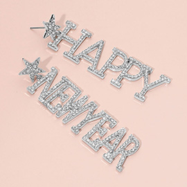 Rhinestone Embellished HAPPY NEW YEAR Message Drop Statement Earrings