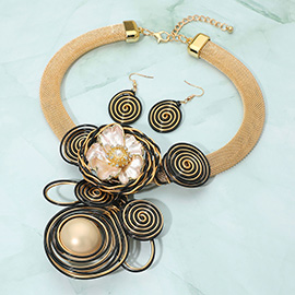Flower Accent Bold Metal Coil Wrapped Statement Necklace