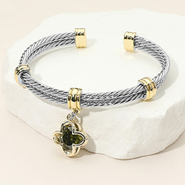 CZ Stone Quatrefoil Charm Dangle Cuff Bracelet