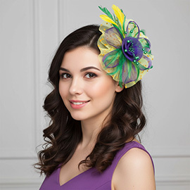 Mardi Gras Feather Mesh Flower Fascinator Hair Clip Headband