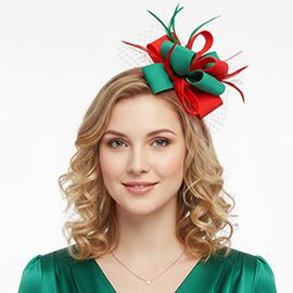 Christmas Bow Feather Mesh Fascinator Hair Clip Headband