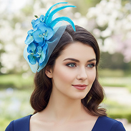 Feather Accent Mesh Floral Fascinator Hair Clip Headband