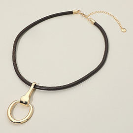 Metal Horsebit Pendant Faux Leather Cord Necklace