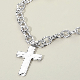 Hammered Metal Cross Chunky Textured Chain Necklace