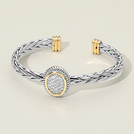 Two Tone CZ Stone Paved Oval Accent Braided Cuff Bracelet