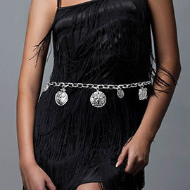 Chunky Boho Embossed Coin Flower Sand Dollar Medallion Charm Station Waist Chain Belt