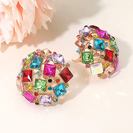 Square Stone Cluster Embellished Dome Evening Clip On Earrings