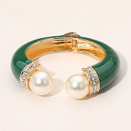 Gold Plated Pearl Tip Enamel Hinged Cuff Bracelet