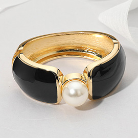 Bold Central Pearl Accent Wide Enamel Hinged Bangle Bracelet