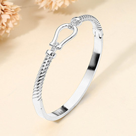 SECRET BOX_Stainless Steel Horsebit Buckle Accent Twisted Hinged Bangle Bracelet