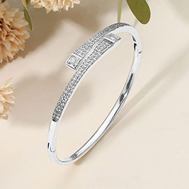 SECRET BOX_Stainless Steel Square Stone Tip Rhinestone Pave Hinged Bangle Bracelet