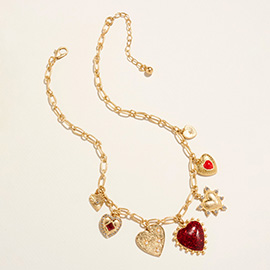 Chunky Mixed Heart Charm Station Paperclip Chain Necklace
