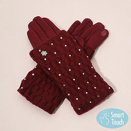 Floral Rhinestone Point Smart Touch Knit Winter Gloves