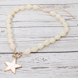 Mother of Pearl Star Pendant Marbled Pebble Beaded Necklace