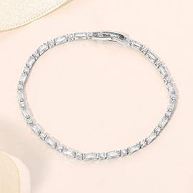 White Gold Dipped Baguette Round Stone Cluster Tennis Chain Bracelet