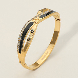 Stainless Steel Geometric CZ Stone Paved Enamel Inlay Accent Hinged Bangle Bracelet