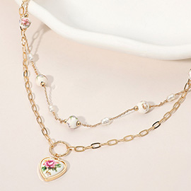 Floral Bead Pearl Station Floral Heart Pendant Layered Necklace