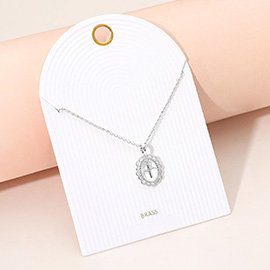 Cross Accent Oval Frame Pendant Necklace