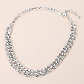 Stone Paved Oval Link Accent Chunky Chain Necklace