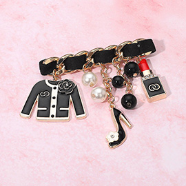 Lady Jacket Pearl High Heel Lipstick Charm Drop Pin Brooch