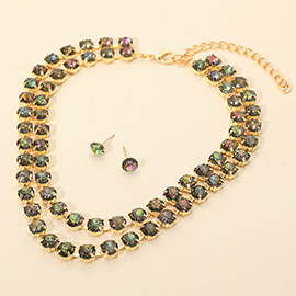 Double Row Round Stone Cluster Link Layered Necklace