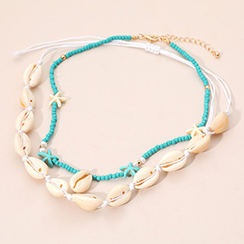 2PCS - Conch Shell Beaded Starfish Seed Beaded Layered Necklaces