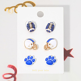 3Pairs - Game Day Spirit Ball Helmet Paw Stud Earring Set