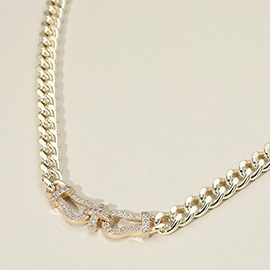 14K Gold Plated CZ Stone Paved Horsebit Accent Chunky Cuban Chain Necklace