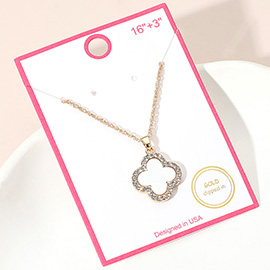 Gold Dipped Rhinestone Trim Quatrefoil Pendant Necklace