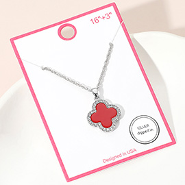 Silver Dipped Rhinestone Trim Quatrefoil Pendant Necklace