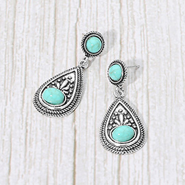 Oval Stone Accent Vintage Teardrop Frame Dangle Earrings
