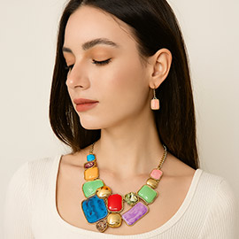 Enamel Geometric Plate Mosaic Link Statement Necklace