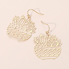 Brass Metal Botanical Planter Cutout Dangle Earrings