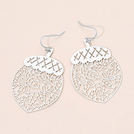 Brass Metal Leafy Acorn Cutout Dangle Earrings