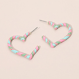Enamel Twisted Candy Cane Open Heart Hoop Earrings
